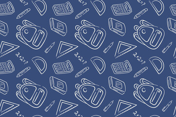 Back to school seamless pattern with stationery supplies, exercise book, calculator, backpack, ruler on a blue background in line art style.