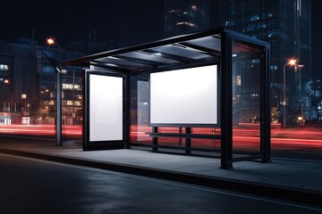 A blank billboard display model next to the bus stop, with space for text and image replication
