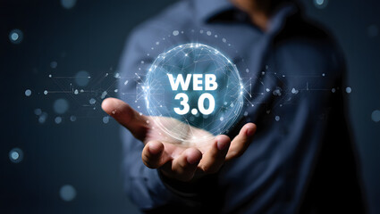 Man holding a glowing digital sphere with web 3 0 text and network connections