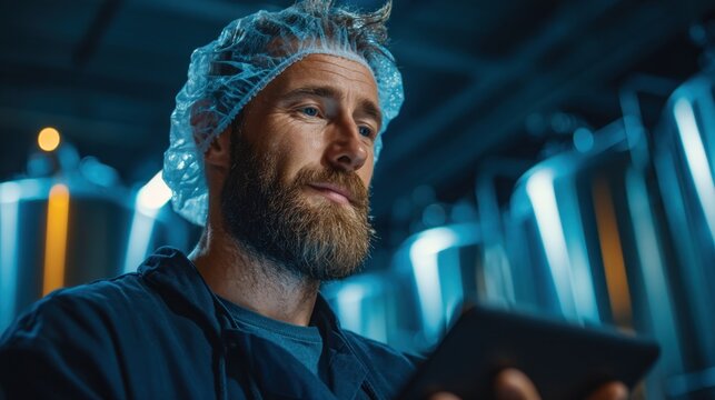 Focused worker reviewing data on a tablet in a factory environment