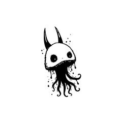 Spooky creature with tentacles and horns black and white illustration of a whimsical monster ink drawing