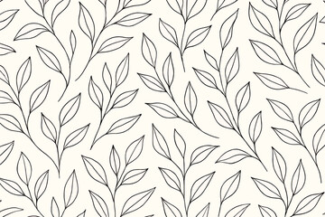 Elegant botanical hand drawn seamless pattern minimal black outline leaves light background perfect for textile wallpaper packaging wrapping paper surface decoration branding