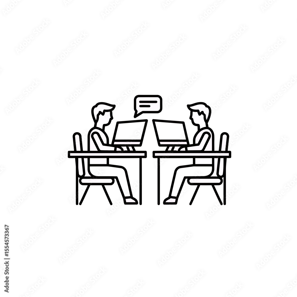 Fototapete Effective online business collaboration visual depicting two people remotely working at desks using computers for team communication discussion and digital meeting dialogue icon