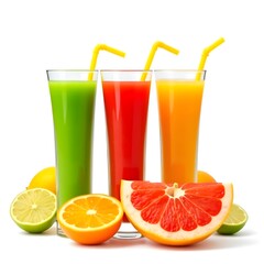 Vibrant citrus juices offering healthy refreshment and a vitamin boost on a pure white background