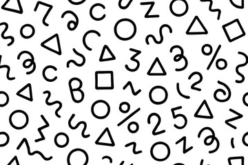 Minimalist Clean Seamless Monochrome Abstract Geometric Doodle Line Art Pattern With Hand Drawn Circles Triangles Squares Wavy Lines Numbers And Symbols For Modern Graphic Design