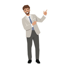 Businessman in a suit and blue tie confidently points to side, presenting or introducing something. Flat Vector character illustration