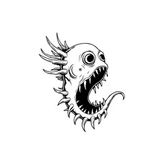 Whimsical black and white illustration of a cartoon monster fish with exaggerated features and sharp teeth