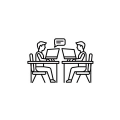 Fototapeta premium Effective online business collaboration visual depicting two people remotely working at desks using computers for team communication discussion and digital meeting dialogue icon