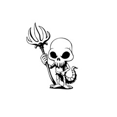 Spooky cartoon character with skull face and pitchfork stands on a white background for Halloween themed design