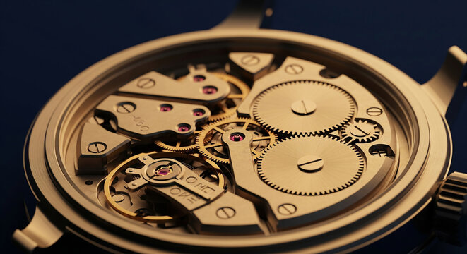 Intricate timepiece mechanism with gold finish displaying the inner workings of a classic mechanical watch on dark background