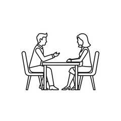 Fototapeta premium Simple black and white outline illustration showing a business meeting between a male and female professional discussing ideas across a table design element communication concept
