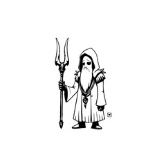 Illustration of a hooded wizard holding a trident evokes fantasy and magic realms depicted