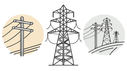 Vector art of electrical power transmission towers in circles isolated on white background