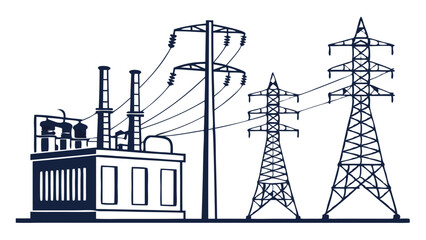 Vector art of electrical power transmission towers and a power plant isolated on white background