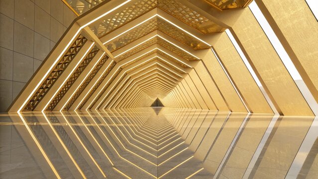 Modern geometric golden tunnel with illuminated lines and reflective floor - Powered by Adobe