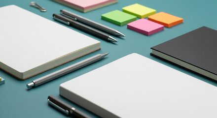 Composition of stationery items including notebooks, pens, and colorful sticky notes arranged on a flat teal surface for creatives.