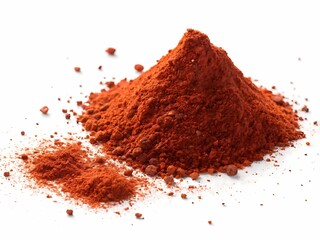 A pile of vibrant red paprika spice powder isolated on white background