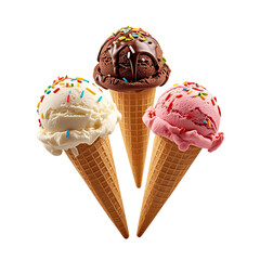  Vanilla, Chocolate,  Strawberry Ice Cream Cone With Sprinkles  Floating In The Air, Generative AI