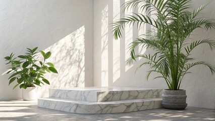 Modern interior with marble podium and green plants bathed in natural light