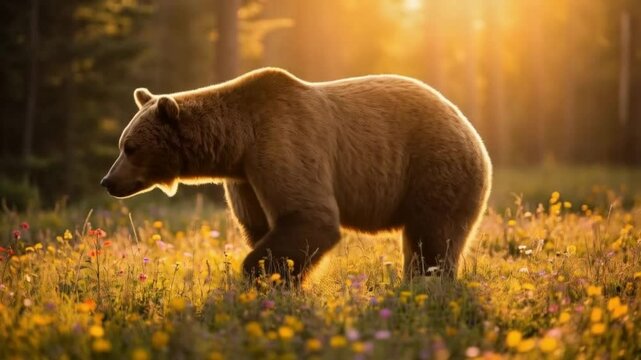 Brown bear standing in a field of flowers during golden hour with trees in the background video