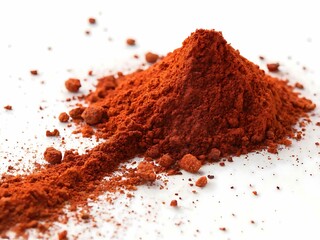 Heap of vibrant red paprika powder and small granules isolated on white background
