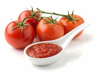 Fresh vine tomatoes and tomato paste in a spoon isolated on white background