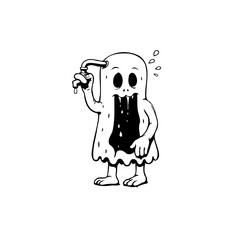 Cartoon ghost with dripping tap: Conceptual illustration representing fear of water waste and conservation