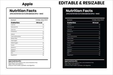 Apple nutrition facts, nutrition facts, food label, calorie chart, protein infographic, healthy eating, vitamin chart, editable template, diet plan, meal prep nutrition, food packaging label