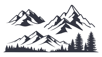 Vector art of mountain peaks and pine trees create a scenic outdoor landscape isolated on white background