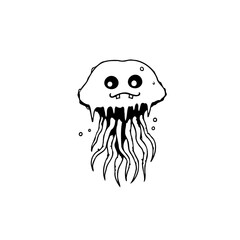 Cute hand drawn cartoon jellyfish with big eyes in black and white colors illustration art