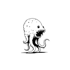 A black and white drawing of a creepy octopus monster with sharp teeth and menacing eyes
