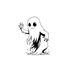 A cute and spooky ghost cartoon character waving its hand with fear and a worried expression looks very funny