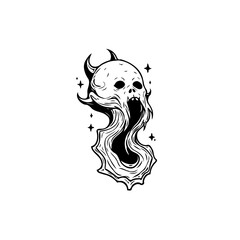 Illustration of a demonic skull engulfed in dark smoke with small stars floating around for eerie effect