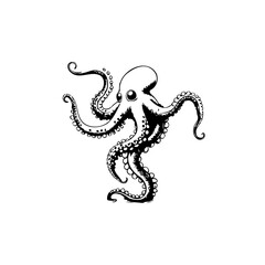 Illustration of an octopus with tentacles and big eyes in monochrome style marine animal art