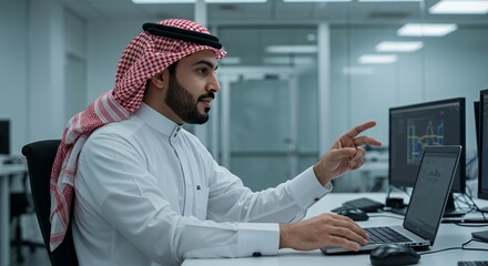 Arab businessman analyzes data on laptop, modern office.