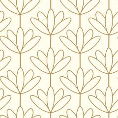 Art deco golden outline flowers seamless pattern on white background. For wallpaper, home décor and textile