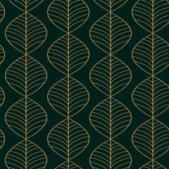 Geometric Art Deco Golden Leaves seamless pattern on emerald green dark background.