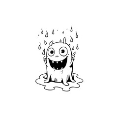A delightful whimsical drawing featuring a cheerful monster enjoying a refreshing rain shower for children