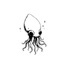 Whimsical ink drawing of a cute cartoon squid floating in the dark deep sea with twinkling stars