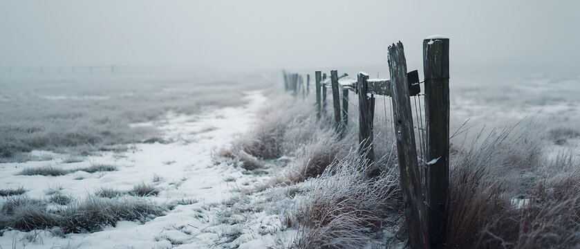 Misty winter morning fog rolls over the rocky coast as gentle waves crash on the shore under a pale sky