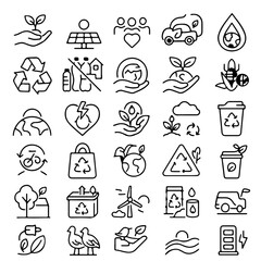 A comprehensive collection of meticulously crafted eco-friendly icons, illustrating a range of themes, captured in a simple and elegant line art style.