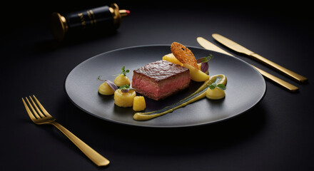 Gourmet Beef Steak Dinner Plate Elegant Food Photography with Potatoes Sauce and Gold Cutlery