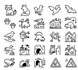 A captivating array of outline illustration of assorted Animals, Birds and elements such as house and nature warning signs, evoking a charming, hand-drawn aesthetic suitable for design.