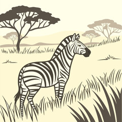 Obraz premium A zebra family grazes in the savanna in close proximity to other animals vector design