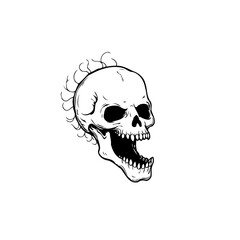 Illustration of a skull with a punk hairstyle, set against a pristine white background representing death