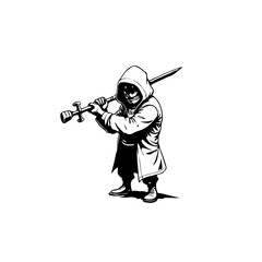 Mysterious hooded figure wielding sword in menacing pose, black and white illustration perfect for design