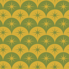 Olive green and mustard yellow mid century retro starbursts on ogee scallop shapes seamless pattern. For home décor, wallpaper and fabric