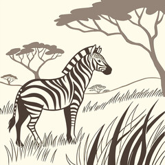 A zebra family grazes in the savanna in close proximity to other animals vector design