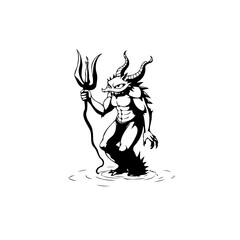 Creepy horned demon with a trident in hand standing in water artwork representation spooky vibe