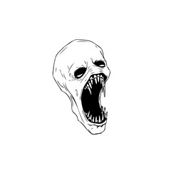 A chilling horror illustration depicting a screaming skull with sharp teeth against white background showcasing fear